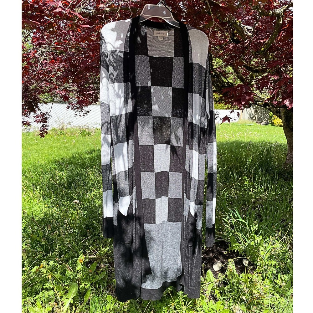 Charlie Paige Long XL Cardigan Duster Black & White Buffalo Check Plaid